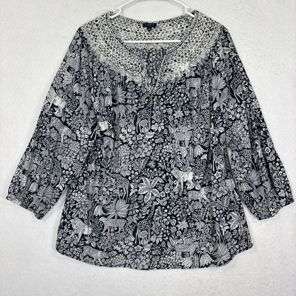 Talbots Jungle Print Peasant Blouse Womens XL Petite Cotton Boho - Picture 1 of 9